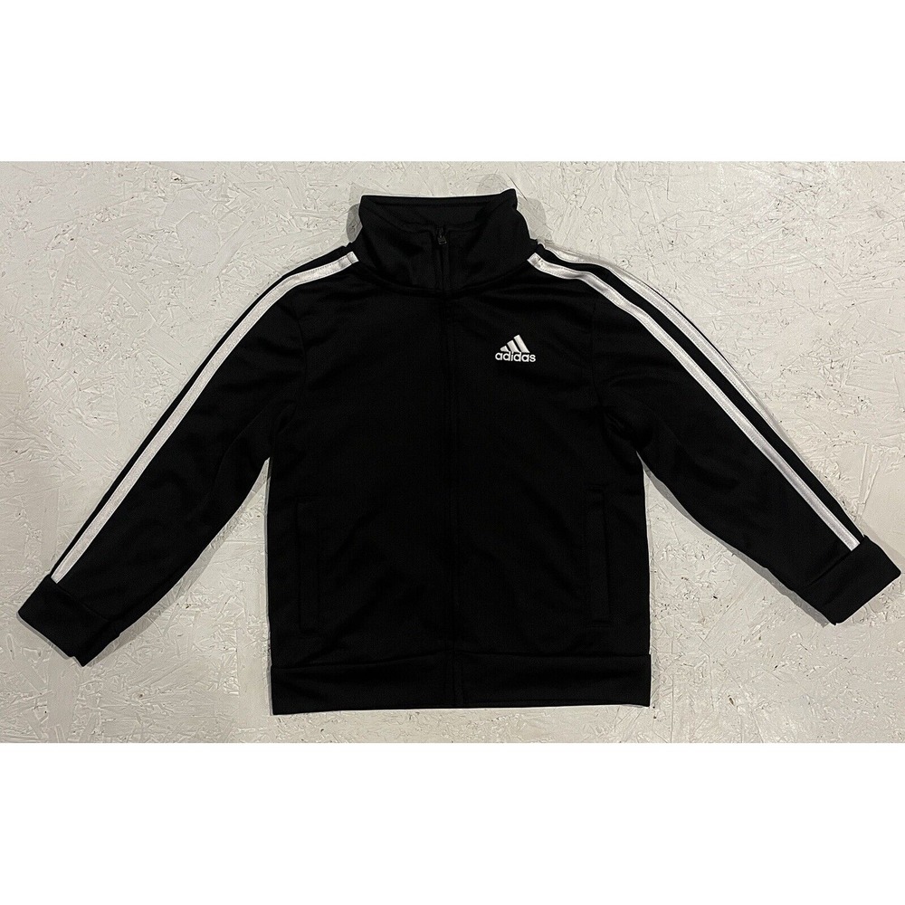 Adidas Youth Boys Black White Striped Logo Track Sports Jacket Size 3T‎